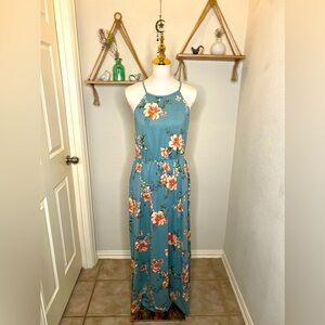 Blue Floral Maxi Vacation Dress Keyhole Back